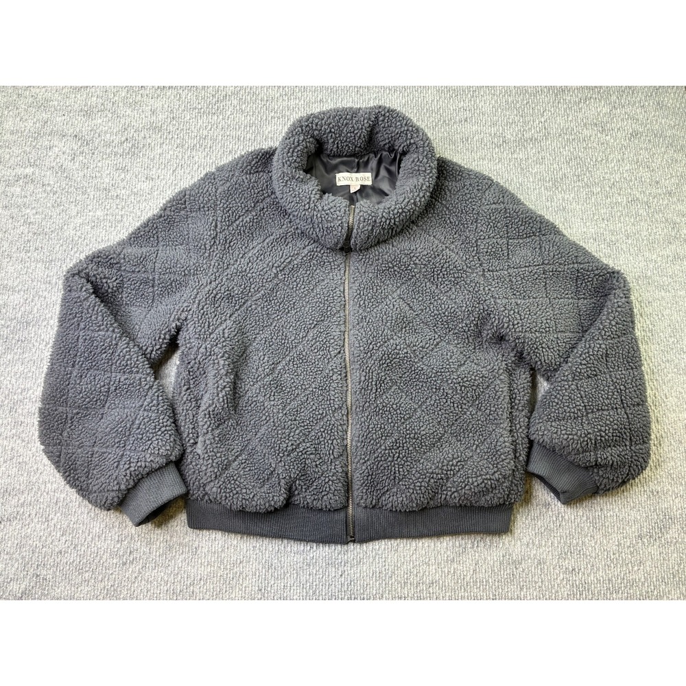 Knox Rose Womens L Gray Sherpa Teddy Jacket Quilted Full Zip Bomber Fleece